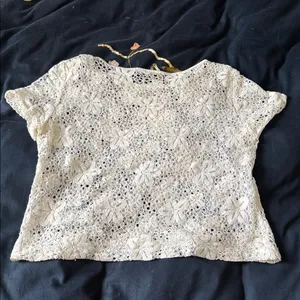 Anthropologie Crochet Floral Short Sleeve Top - Cream thumbnail 2