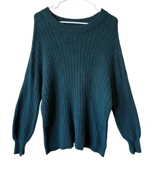 Aerie Womens Sweater S Green Ribbed Knit Balloon Sleeve Thumbhole Slit Crewneck thumbnail 1