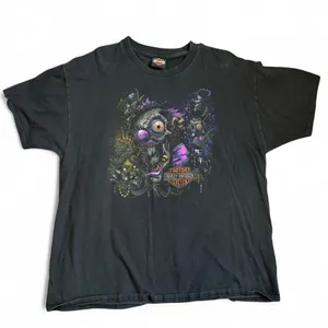 Harley Davidson Black Graphic Tee T-Shirt Jester Joker Clown Y2K Biker Streetwear Goth Punk Grunge Short Sleeve Men XL - measurements in pics thumbnail 1