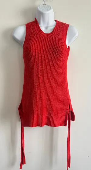 LOFT Sleeveless Knit Tunic‎ Top Red Side Tie Ribbed Sweater Tank XS thumbnail 1