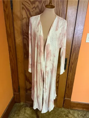 POL Long Open Front Duster Cardigan Large Pink Ivory Tie Dye Pointelle Knit Boho thumbnail 5