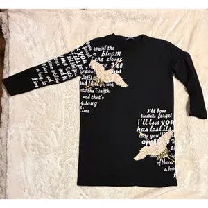 Comaekar Black Graphic‎ T-Shirt Dress Sequin Crane Bird Script Long Sleeve Mini thumbnail 14