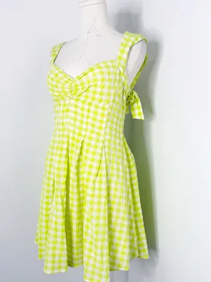 For Love & Lemons August Mini Dress Medium Lime Green White Gingham thumbnail 5