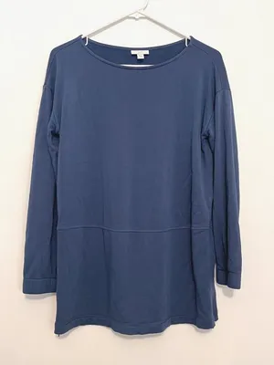J. JILL Solid Blue Boat Neck Long Sleeve Fleece Lined Side Zip Zippers Tunic Top thumbnail 1