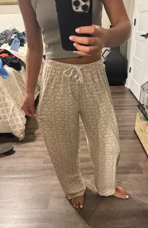 Beige Floral Lounge Pants with Drawstring Tan Size M thumbnail 1