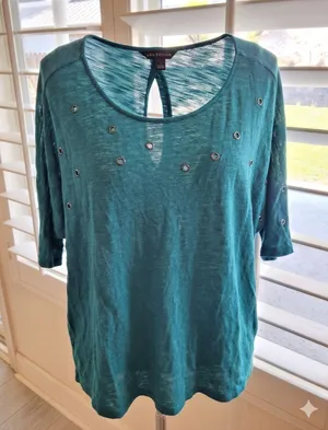 Rock & Republic Large Teal Lightweight Loose-Knit Top with Grommet Details thumbnail 1