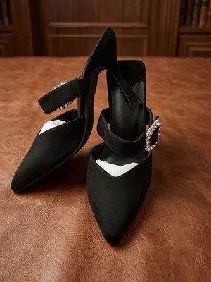Women's Black Suede Pointed Toe Mule Heels with Rhinestone Buckle Strap thumbnail 2