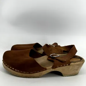 Lotta Highwood Clogs Leather Ankle Strap Heel Closed Toe Wood Cognac Brown 9 thumbnail 4