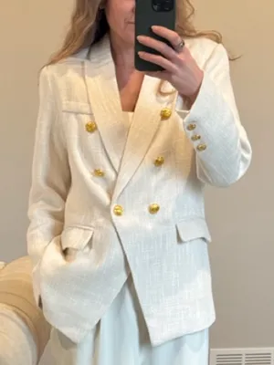 Zara White Textured Double-Breasted Blazer with Gold-Tone Buttons – Medium thumbnail 1