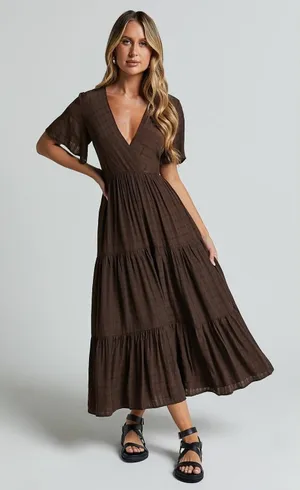 Showpo Cryzel Midi Dress Women 4 Brown Flutter Sleeve Tiered Boho Minimalist thumbnail 1
