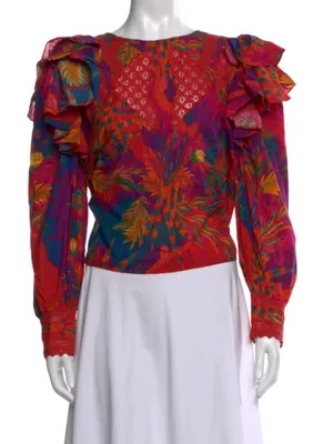 FARM Rio Red Pink Orange Floral Ruffled Puff-Sleeve Blouse thumbnail 1