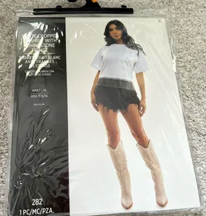 New White Cropped T-Shirt with Rhinestone Fringe women size L/XL party costumes thumbnail 1