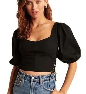 Abercrombie Womens Lace Up Corset Crop Top Puff Sleeve XS Black Coquette Cottage thumbnail 1