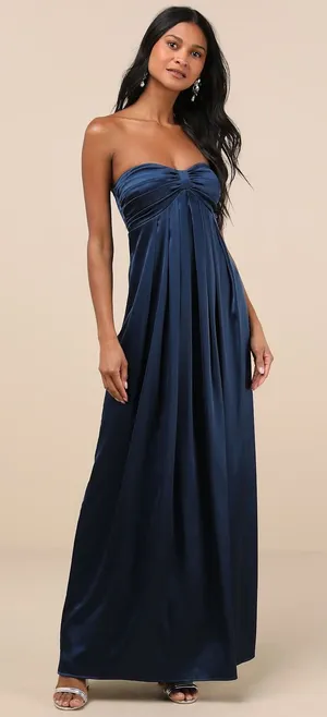NWT Lulus Memorable Entrance Strapless Satin Pleated Maxi Dress L Dark Blue thumbnail 1