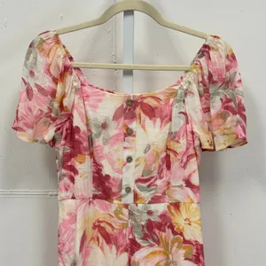 Boutique Luxology Floral Midi Dress Smocked Back Puff Sleeve‎ Size S Yellow Pink thumbnail 3