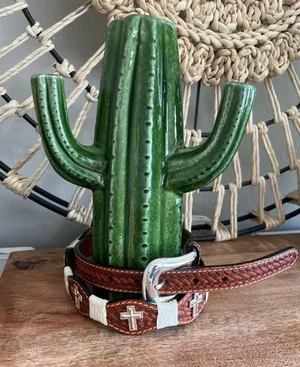 3D DDD Western Leather Tooled Cross Belt Size 36 Tan Brown White Silver thumbnail 1