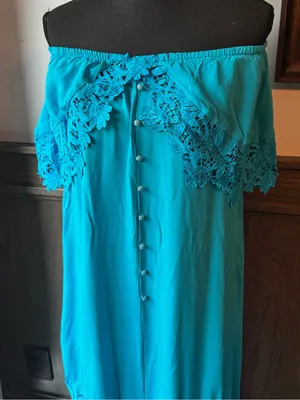 Sisjuly Teal Off-Shoulder Maxi Dress thumbnail 2