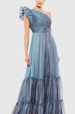 NEW | Mac Duggal 67878 One Shoulder Blue Organza Pleated Tiered Maxi Gown 0 thumbnail 1