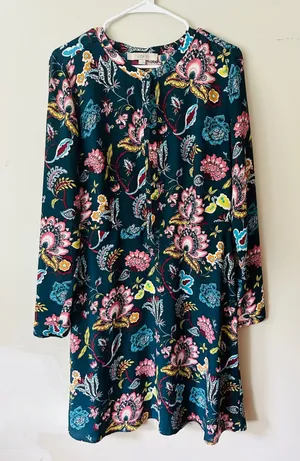 Ann Taylor LOFT Dress Womens 10T Tall Teal Green Floral Paisley Henley Shift thumbnail 1