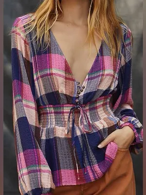 Anthropologie Pilcro Blouse Womens Large Pink Navy Plaid Smocked Waist V-Neck thumbnail 1