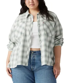NWT Levis Harrison Cotton Long Bebe Plaid Button Up Shirt Dark Forest Green 1X thumbnail 1