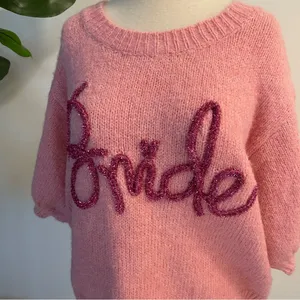 Bibi | Pink “Bride” Embroidered Short Sleeve Sweater Size M thumbnail 3