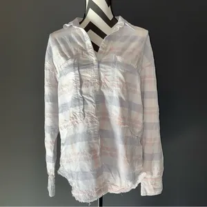 FREE PEOPLE‎ Frayed Plaid Button Up Long Sleeve White Pink Small thumbnail 2