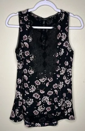WHBM Dark Floral Whimsigoth Dandelion Scalloped Trim Lace Sheer‎ Chiffon Tank thumbnail 1