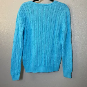 100% Cotton Ralph Lauren Sport Cable Knit Sweater Large Blue Orange Pony V Neck thumbnail 2
