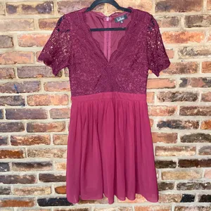 Lulus Burgundy Angel In Disguise Lace Skater Mini Dress Women's Size Medium thumbnail 2