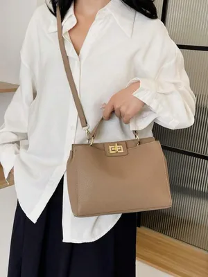 Twist lock Taupe tan Top-Handle Satchel Bag with crossbody faux leather thumbnail 6