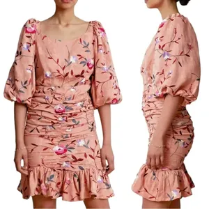 ByTimo Ruched Floral Embroidered Jacquard Dress Balloon Sleeves Coral Size XS thumbnail 14