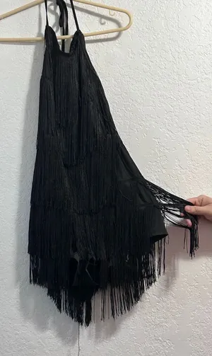 Sz L Black Flapper Dress roaring 20's Latin dancing fringe sexy thumbnail 1