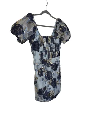 💙 Lulus Blue Floral Metallic Jacquard Puff Sleeve Mini‎ Dress XL 💙 thumbnail 5