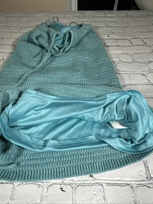 Olive + Oak Sz M Crochet Knit Mini Dress Marled Turquoise Tie Front Lined NWT thumbnail 10
