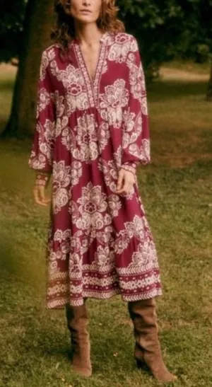 Sézane Boheme Burgundy Red Cream Boho Floral Long Sleeve Midi Maxi Dress‎ Medium thumbnail 1