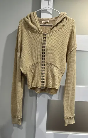 Oli & Hali Tan Waffle Knit Hook‎ & Eye Corset Cropped Hoodie JT0031 Womens Small thumbnail 1