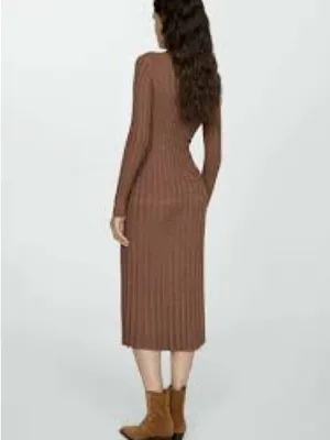 Mango Ribbed Long-Sleeve Midi Dress in Brown thumbnail 3
