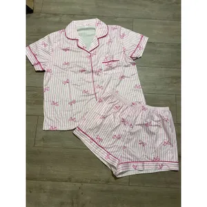NIB- Pink Stripe Bow Print Pajama Set Short Sleeve Button Up Shorts- Large thumbnail 2