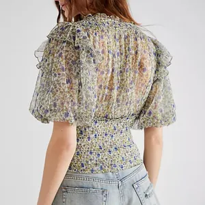 Free People Beatrice Floral Smocked Waist Top Size Small Y2K 90s Fairy thumbnail 2