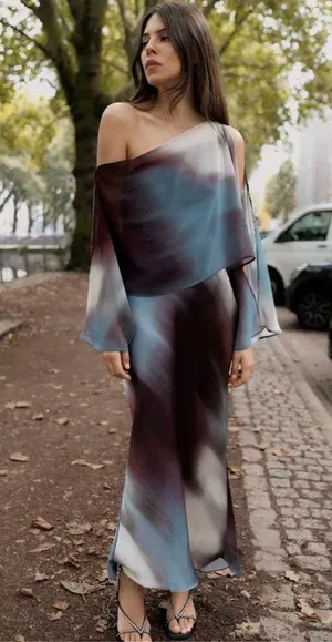 Zara midi dress layered tie dye Multicolor One-Shoulder satin evening wedding thumbnail 14
