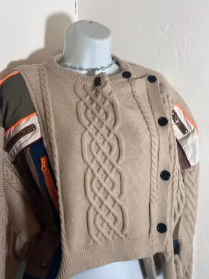Cable Knit Button-Detail Beige Sweater with Color-Block Sleeve thumbnail 6