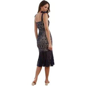 Two Sisters the Label Reneylla‎ Midi Dress Navy Crochet Trumpet Tie Strap Size 4 thumbnail 5