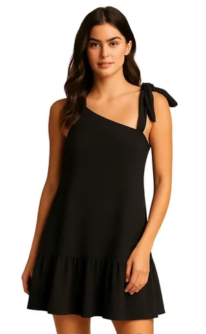 Free People Black Boho Cottagecore One-Shoulder Ruffle Hem Dress Size Large thumbnail 1