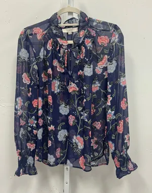 LOFT Floral Chiffon Ruffle Tie Neck Smocked Cuff Blouse Large Navy Blue Sheer thumbnail 1
