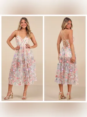 Lulu's Mahryn Beige 3D Floral Embroidered Midi Bodysuit Dress thumbnail 2