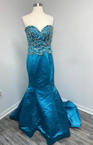 Sherri Hill Strapless Mermaid Style Prom Dress Gown Size 4 Gold Beaded Turquoise thumbnail 1