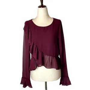 Line & Dot Revolve Burgundy‎ Violet Ruffled Long Bell Sleeve Blouse Size XS thumbnail 2