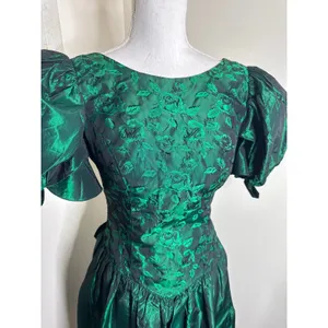 VTG 80s Emerald Green Iridescent Taffeta & Floral Prom Party Dress Whimsigoth thumbnail 4