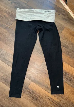 Victoria's Secret Black Leggings with Light Gray Fold-Over Waistband thumbnail 1